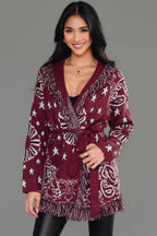 Burgundy Bandana Fringe Cardigan
