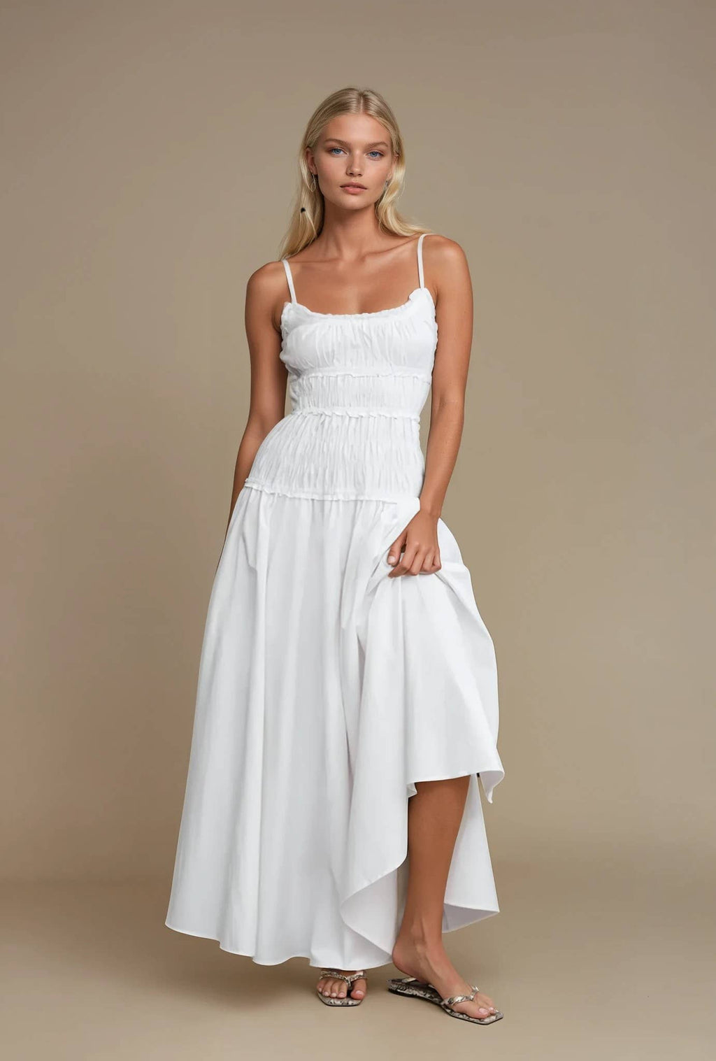 WHITE SMOCKED MAXI COTTON DRESS