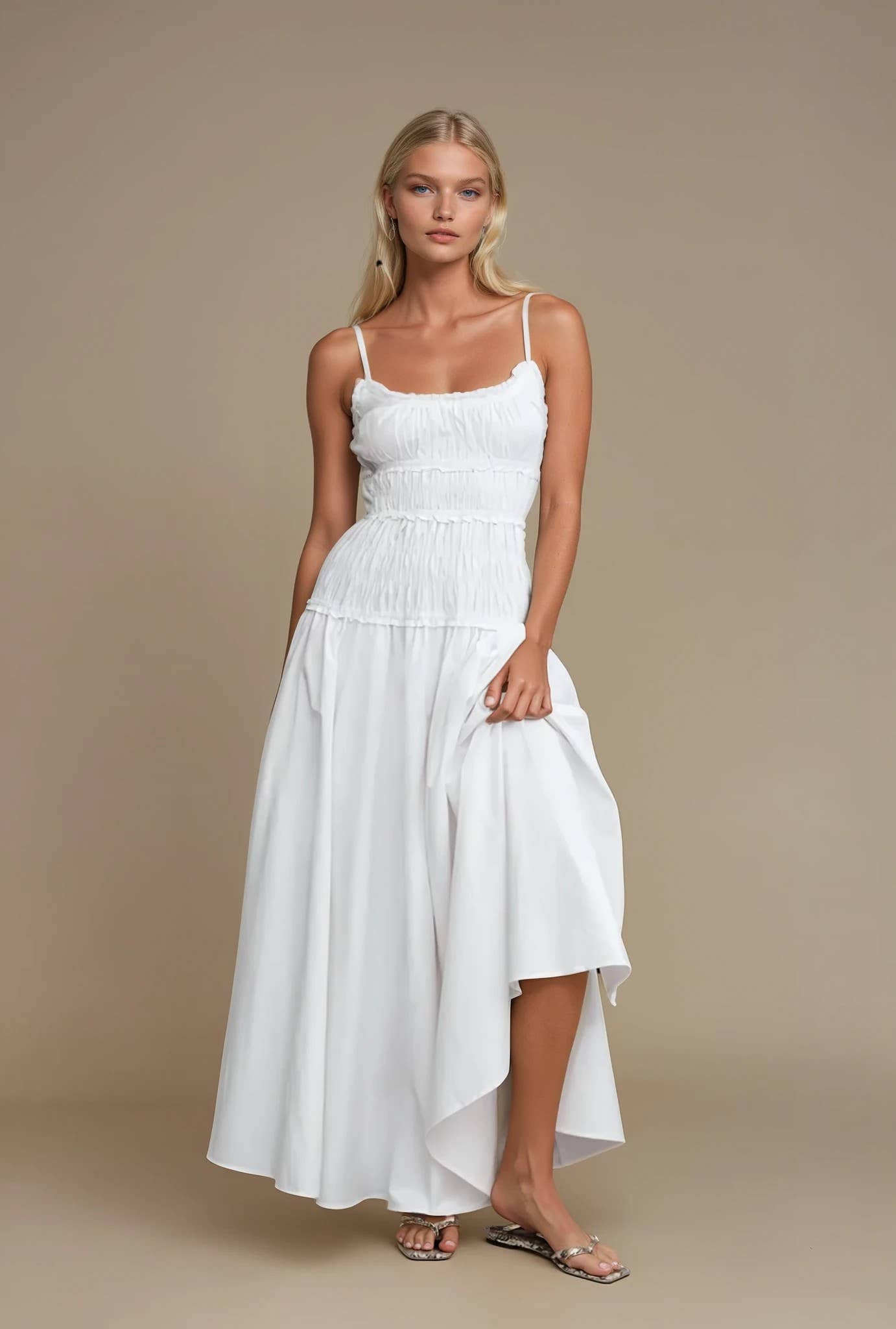 WHITE SMOCKED MAXI COTTON DRESS