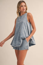DENIM LONGLINE SLEEVELESS TOP AND SHORTS SET