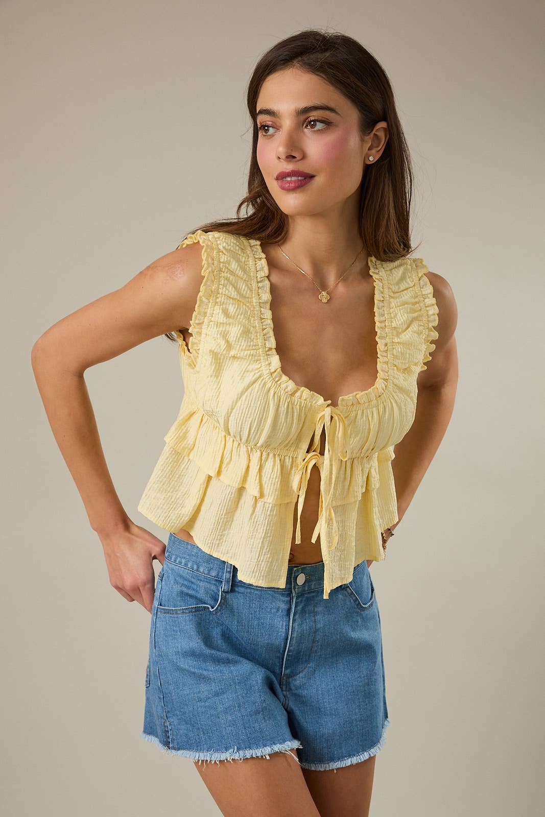 SLEEVELESS DOUBLE TIE BABYDOLL TIERED RUFFLE TOP