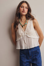 Lace Yoke Tie-Front Sleeveless Top