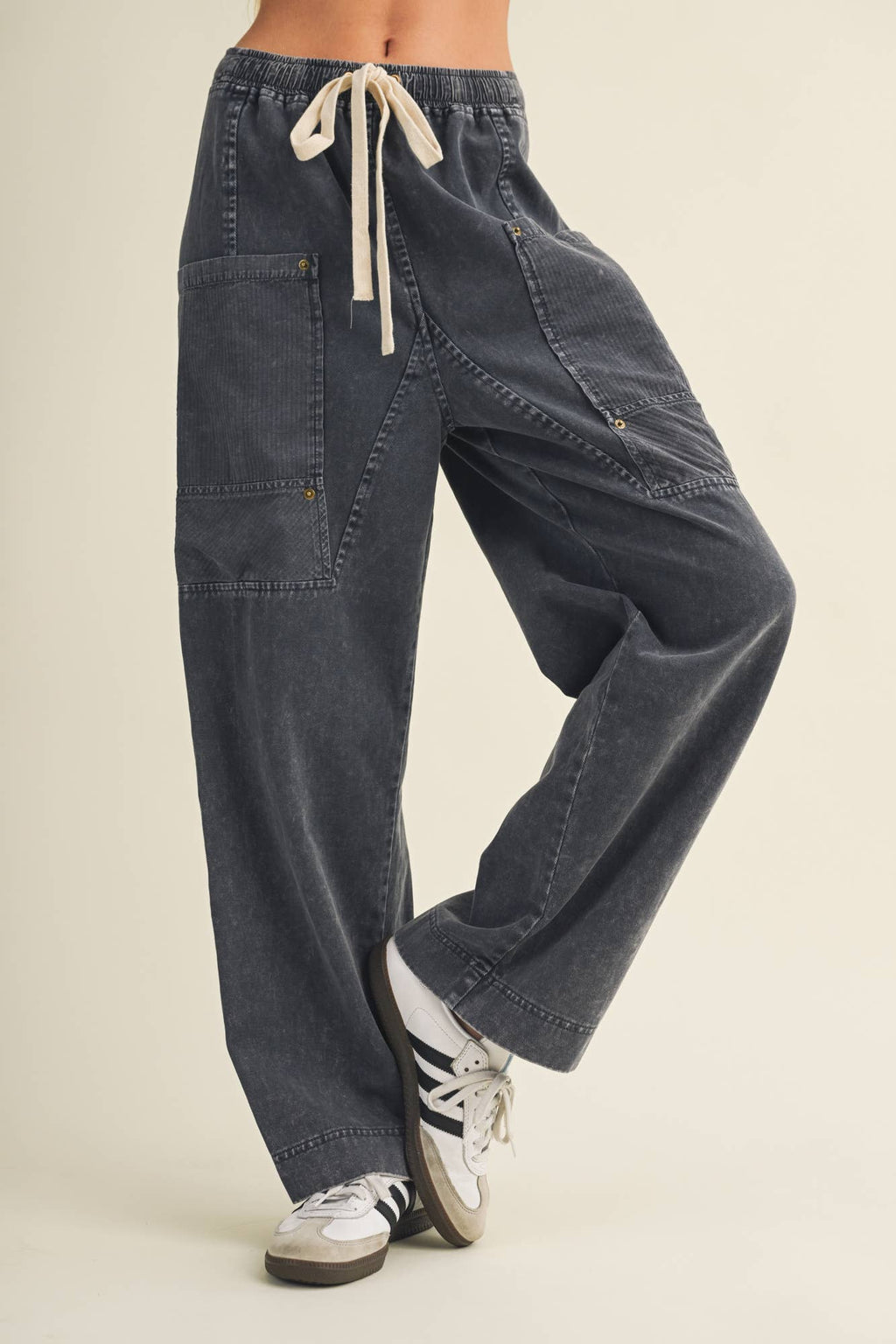 Drawstring Waist Wide Leg Utility Trouser