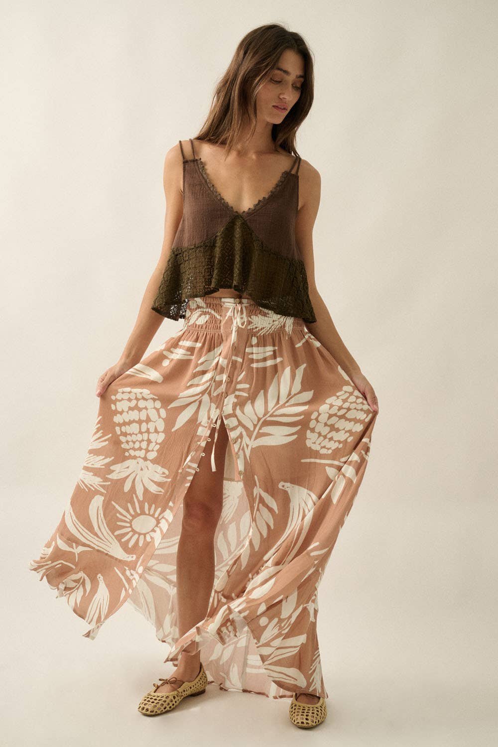 Cotton Gauze and Crochet Lace Ruffle Babydoll Tank Top