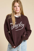 Lucky Graphic Crewneck Knit Sweater: Chocolate