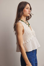 Lace Yoke Tie-Front Sleeveless Top