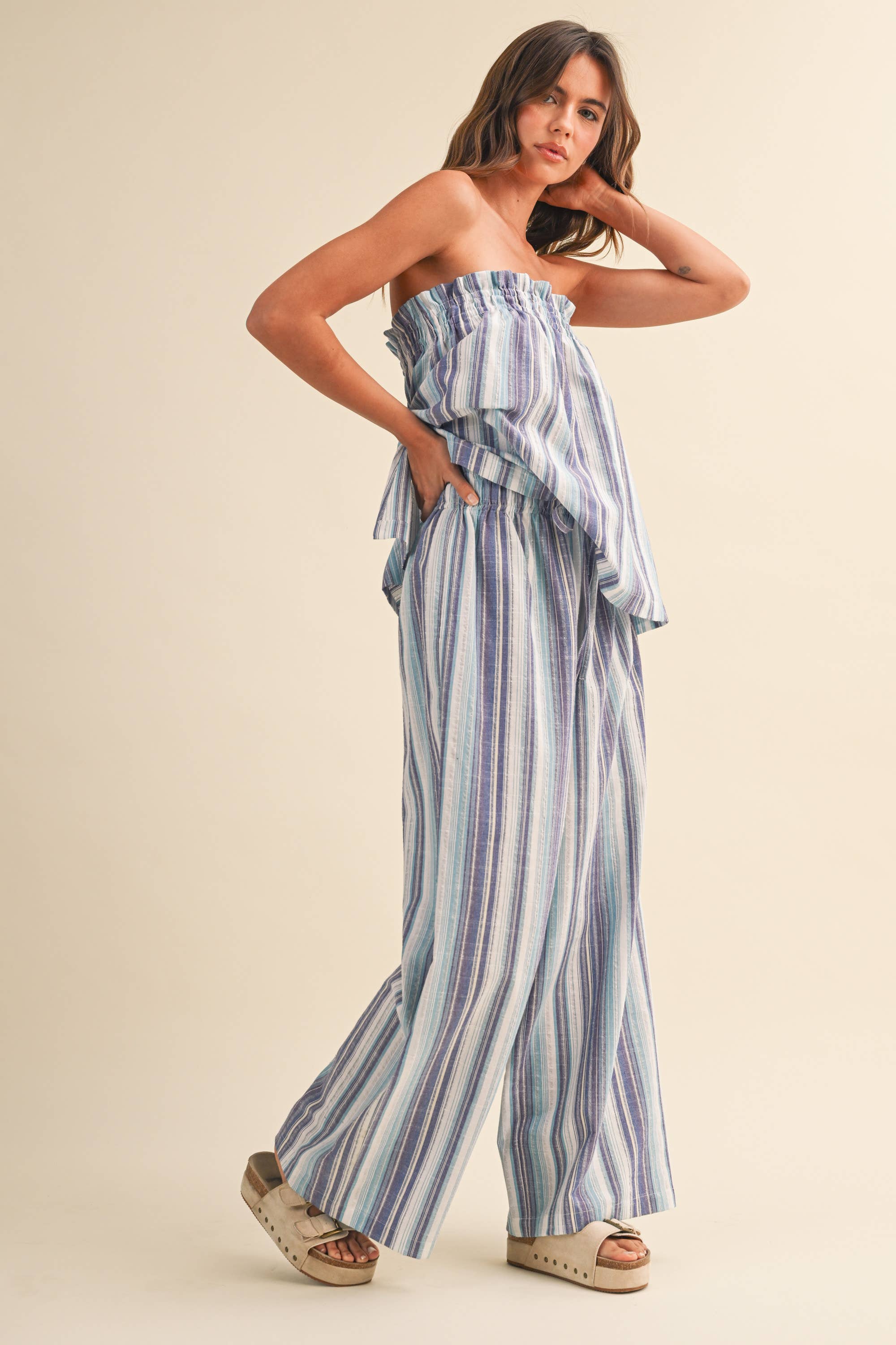 STRIPED RELAXED FIT TUBE TOP AND WIDE LEG PANTS SET