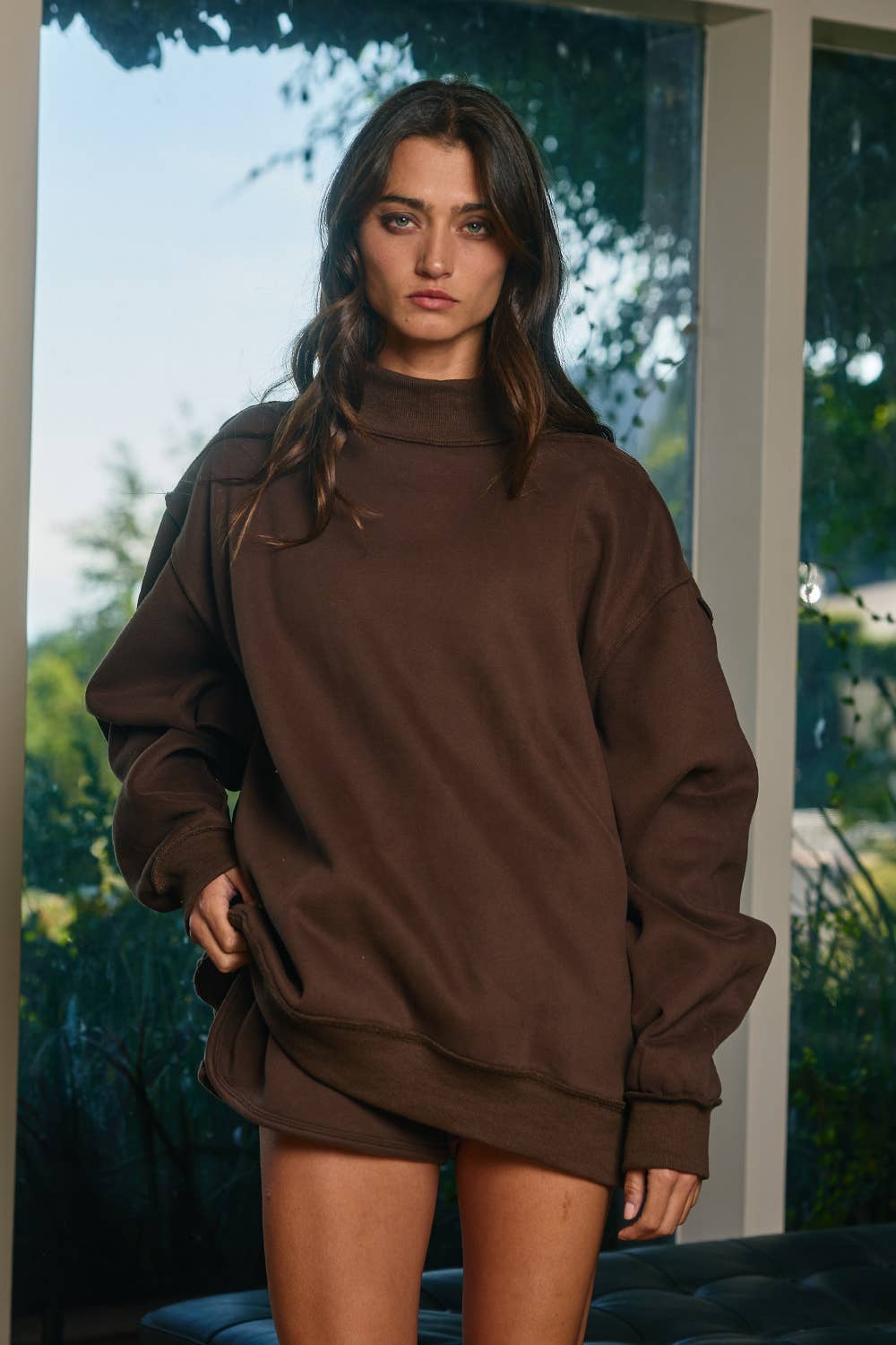 Chocolate Brown Solid Reversible Mock Neck Sweatshirt
