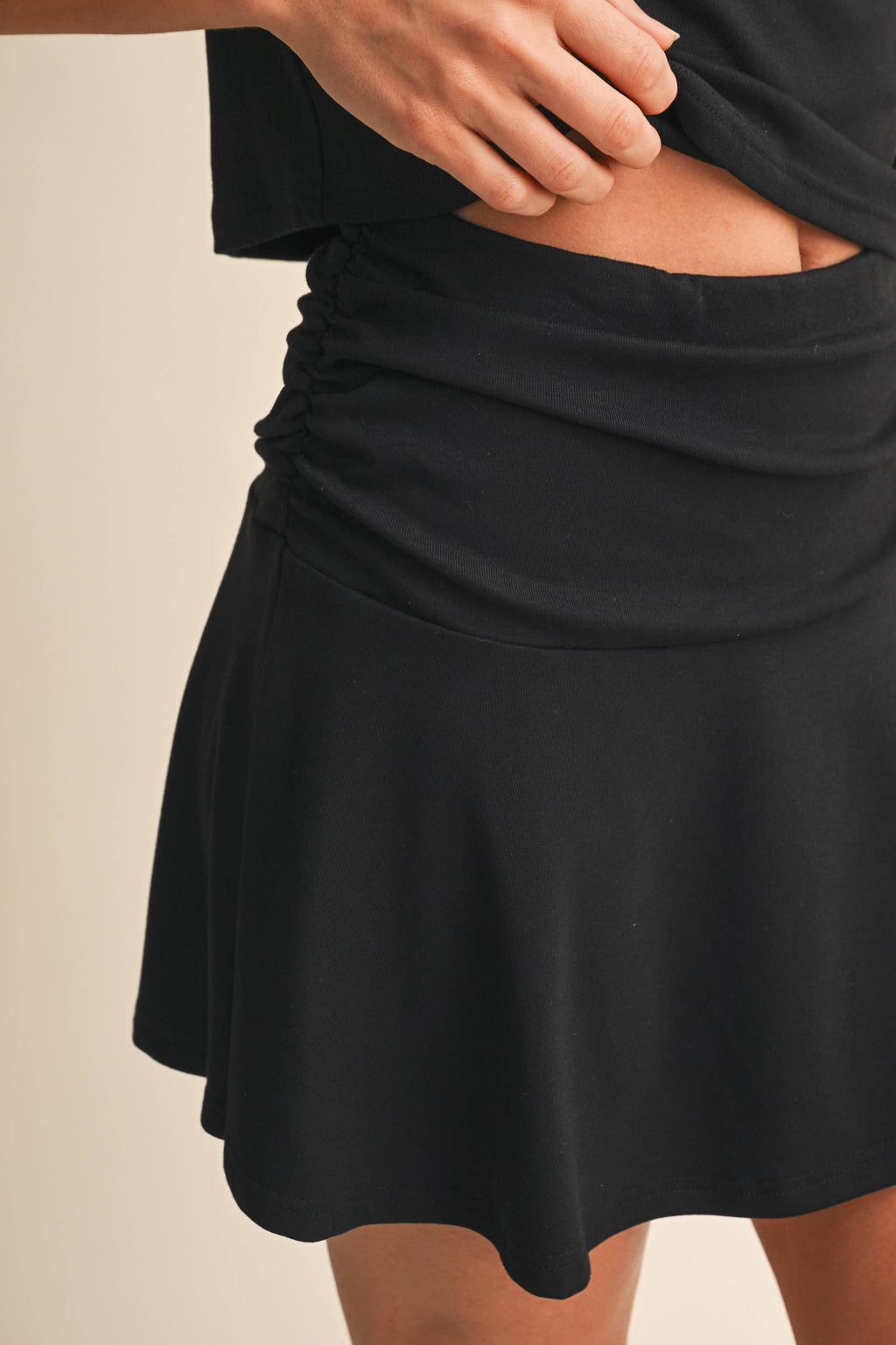 COWL NECK SLEEVELESS TOP AND MINI FLARED SKIRT SET