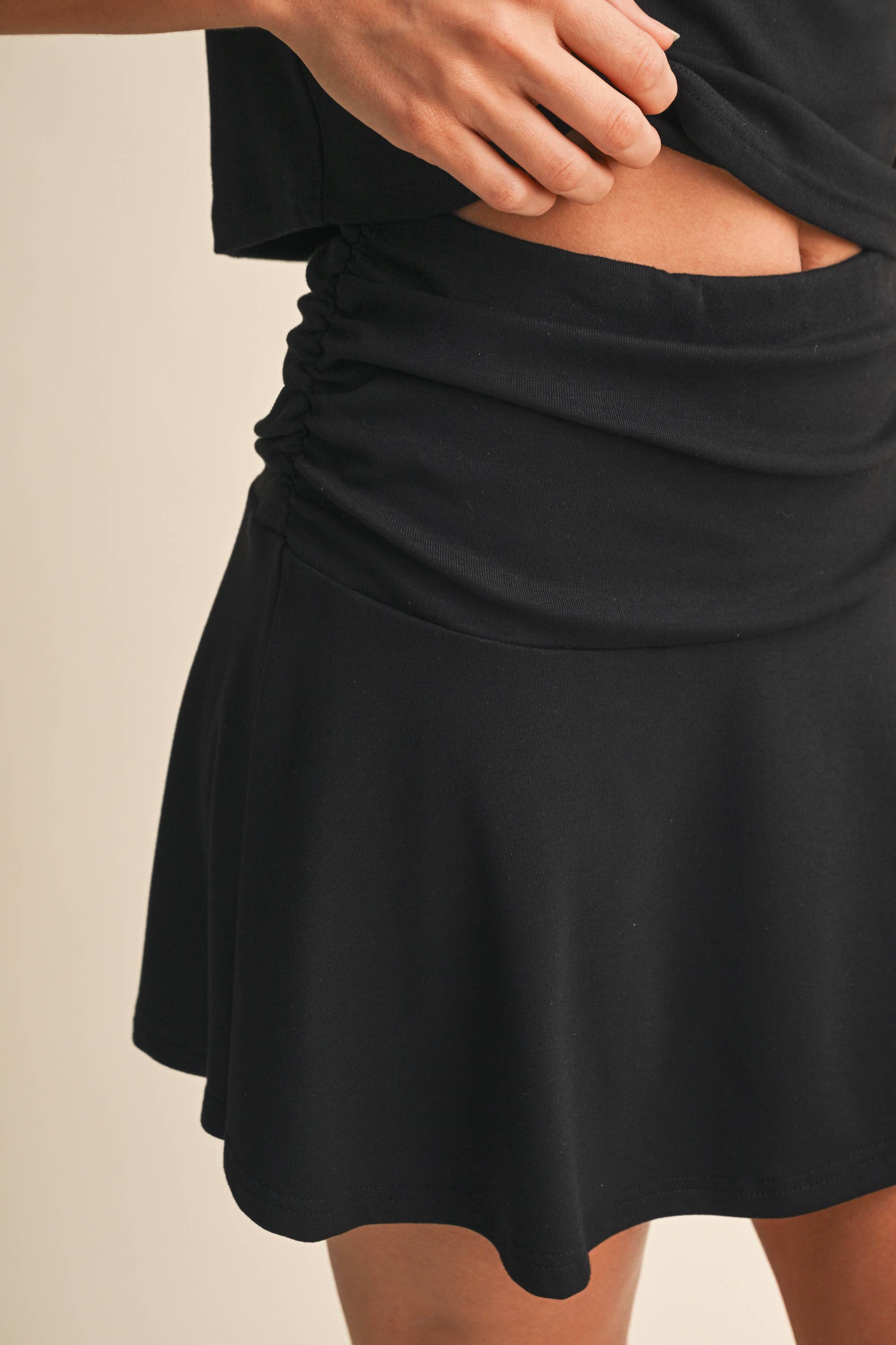 COWL NECK SLEEVELESS TOP AND MINI FLARED SKIRT SET