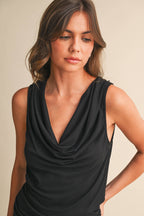 COWL NECK SLEEVELESS TOP AND MINI FLARED SKIRT SET
