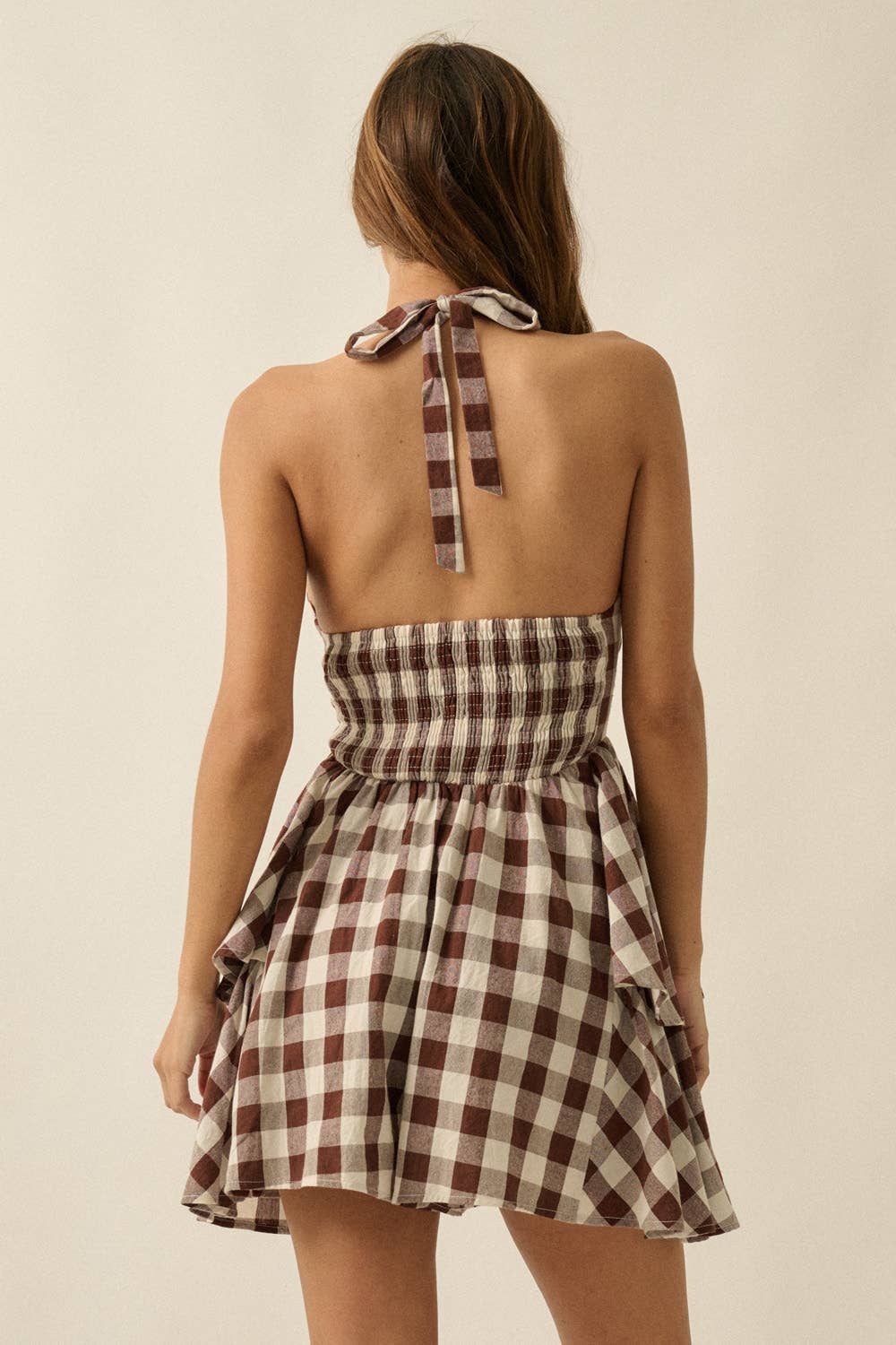 Gingham Plaid Ruffle Peplum V-Neck Halter Mini Dress