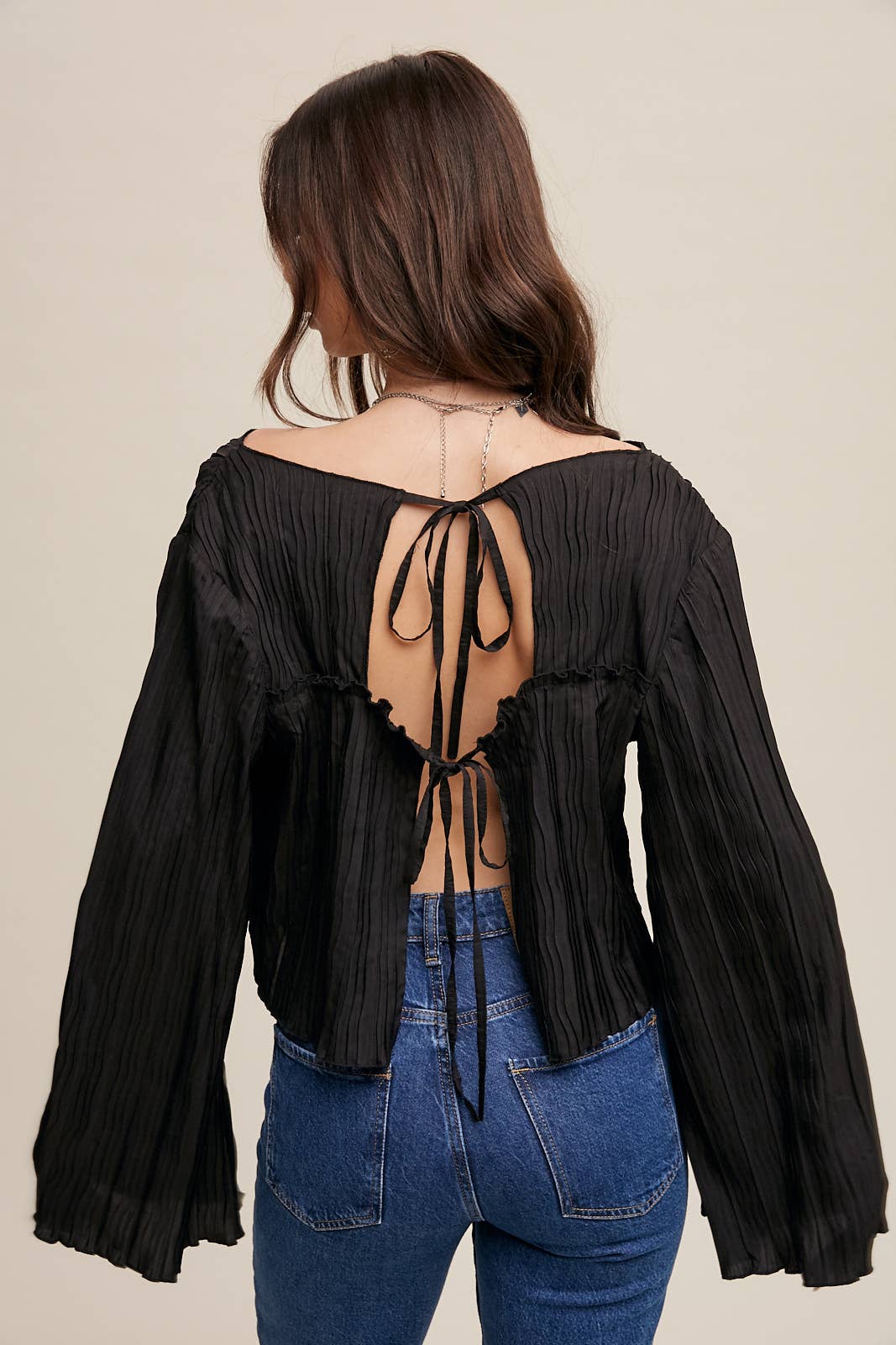 Pleated Open Back Tie Blouse: Black