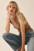 Star Lineart Waffle-Knit Thermal Graphic Tank Top