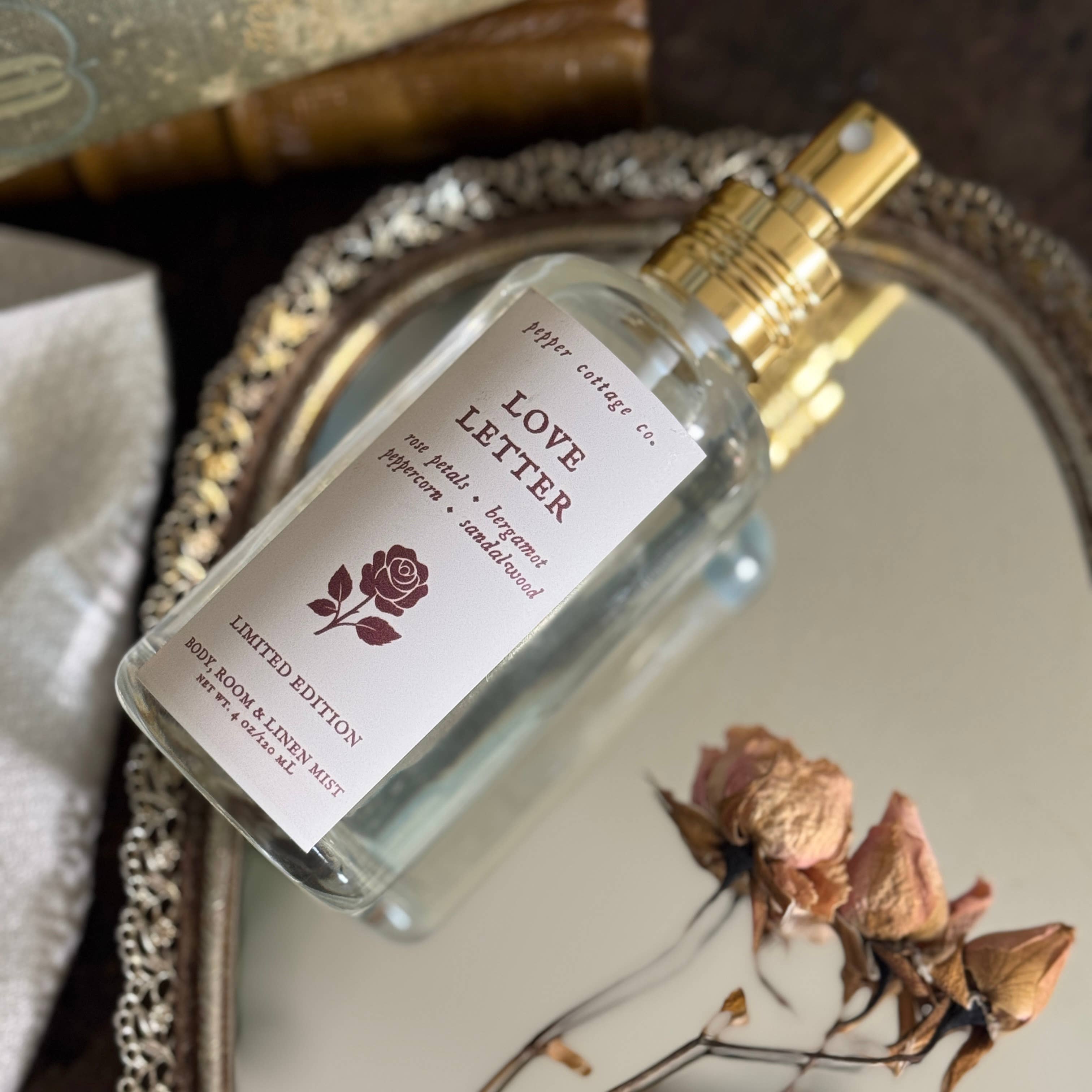 Love Letter 4 oz Body, Room, and Linen Mist LIMITED EDITION | Rose Petals, Bergamot, Peppercorn, Sandalwood | Valentine's Day Body Spray