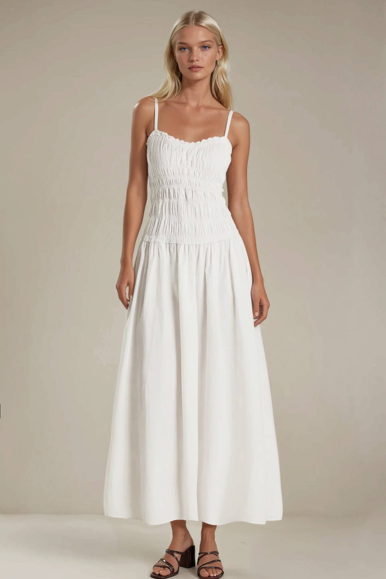 WHITE SMOCKED MAXI COTTON DRESS