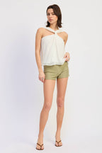 CRINKLE LINEN TOP WITH FRONT TIE