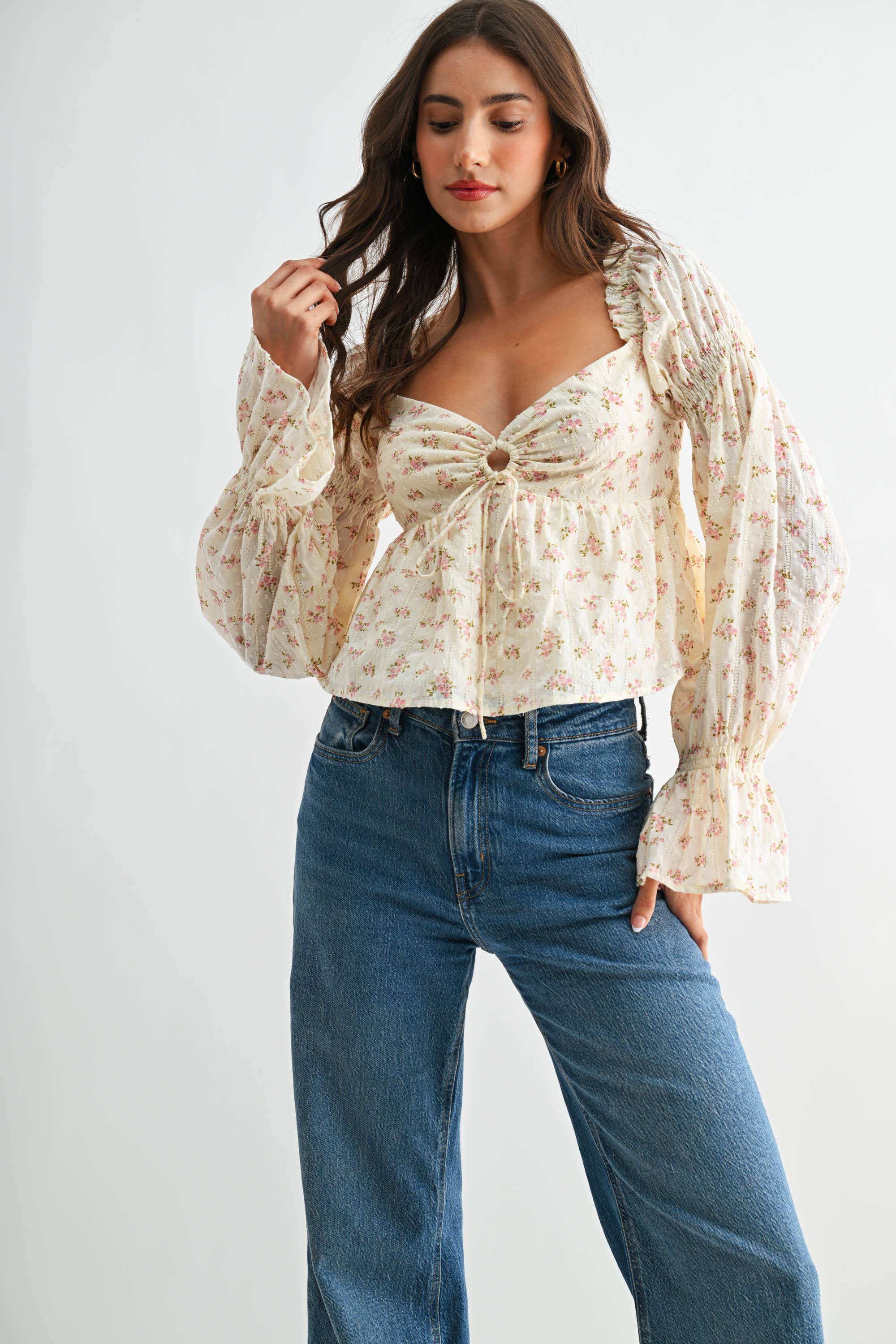 Floral Long-Sleeve Blouse with Smocked Back