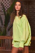 Lime Green Raw Edge Detail Hi-Low Hem Solid Terry Top