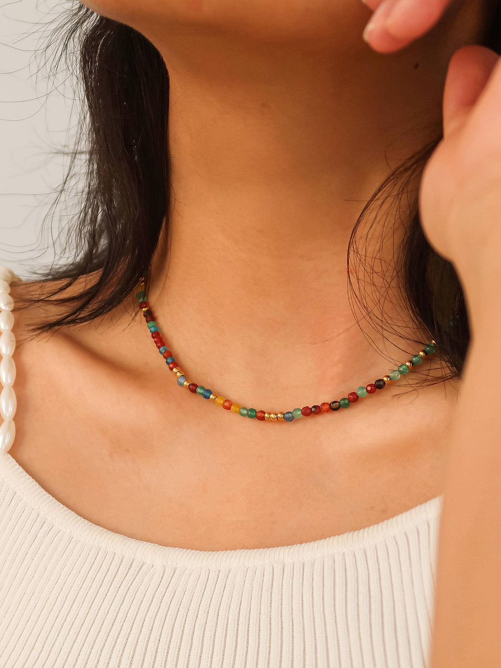Estelle 18K Gold Non-Tarnish Beaded Multi Color Necklace: Multi-Colored