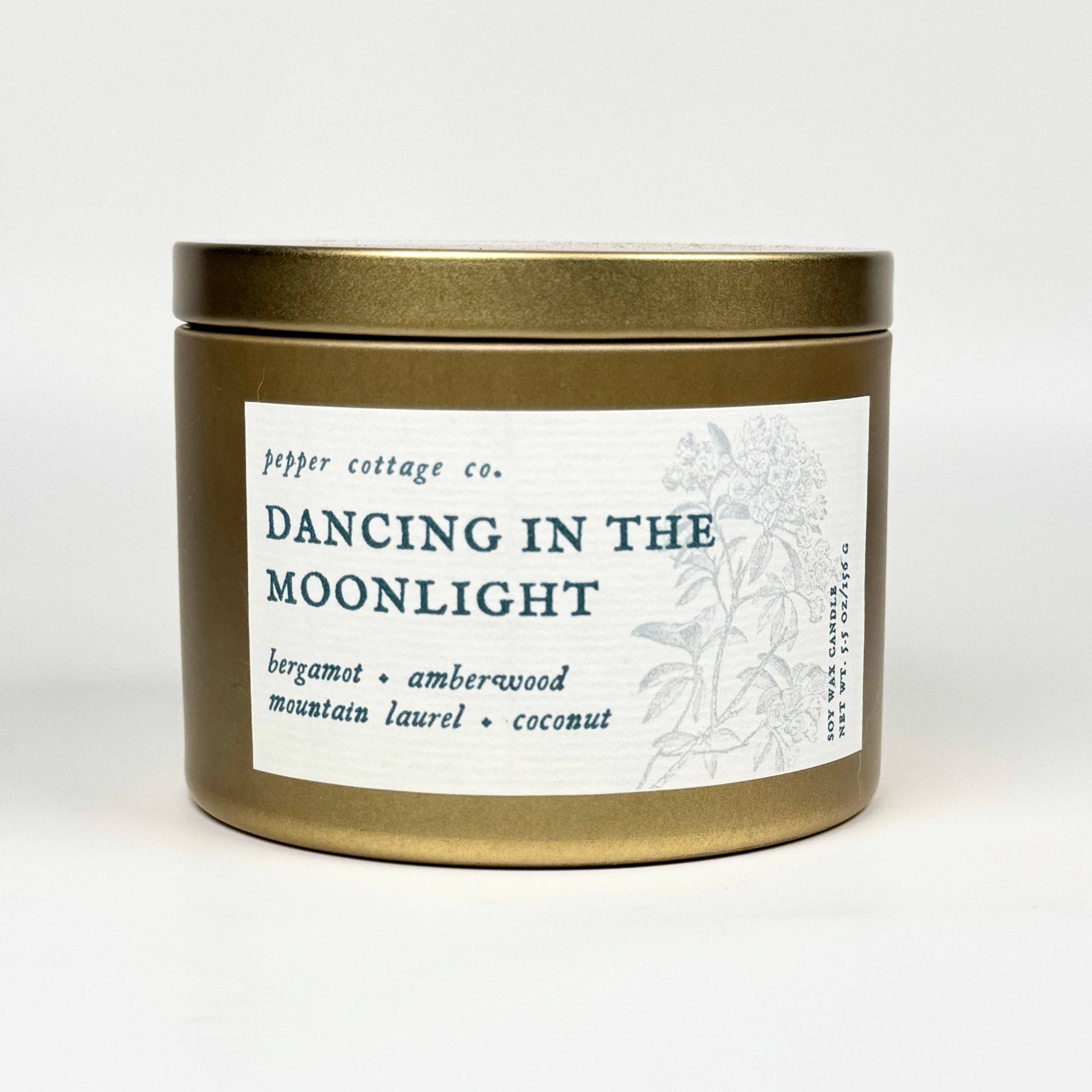 Dancing in the Moonlight 5.5 oz Soy Candle Tin | Bergamot, Amberwood, Mountain Laurel, Coconut | Clean and Citrusy Scented Candle