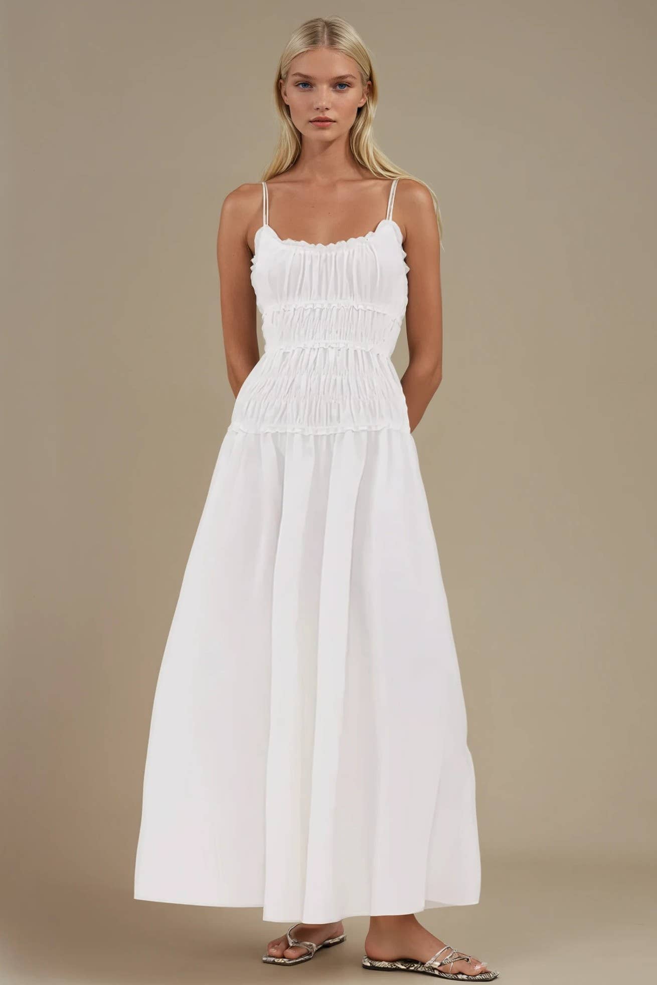 WHITE SMOCKED MAXI COTTON DRESS