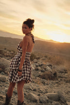 Gingham Plaid Ruffle Peplum V-Neck Halter Mini Dress