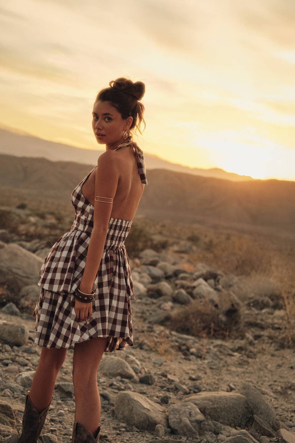 Gingham Plaid Ruffle Peplum V-Neck Halter Mini Dress