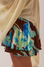 Floral-Print Satin Gathered Drawstring Mini Skort