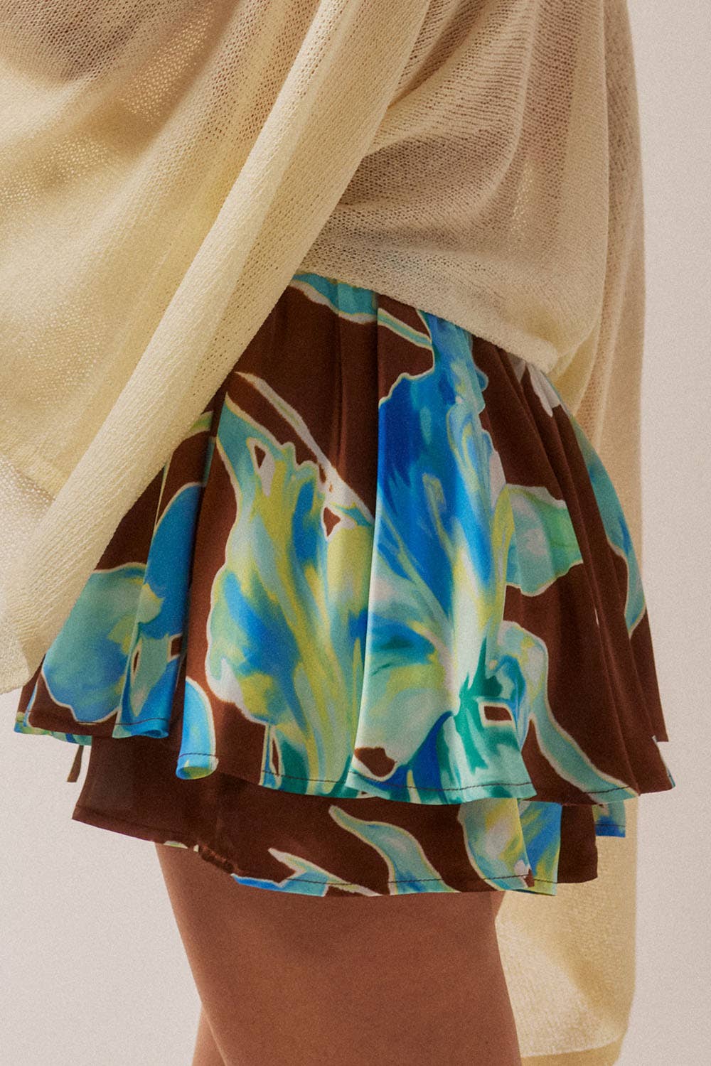 Floral-Print Satin Gathered Drawstring Mini Skort
