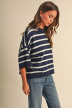 STRIPED HALF SLEEVE SWEATER RELAXED FIT CROPPED TOP