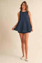 DENIM LONGLINE SLEEVELESS TOP AND SHORTS SET