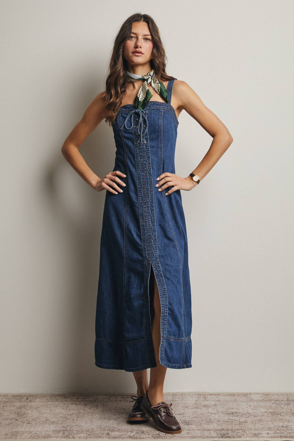 Lace-Up Denim Maxi Dress