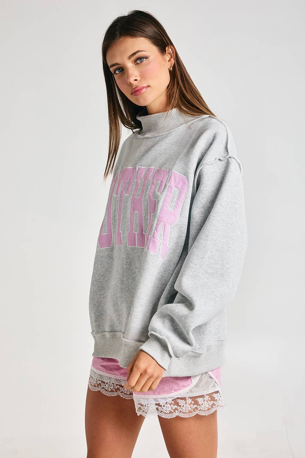 Embroidered "MOTHER" Mock Neck Sweatshirt