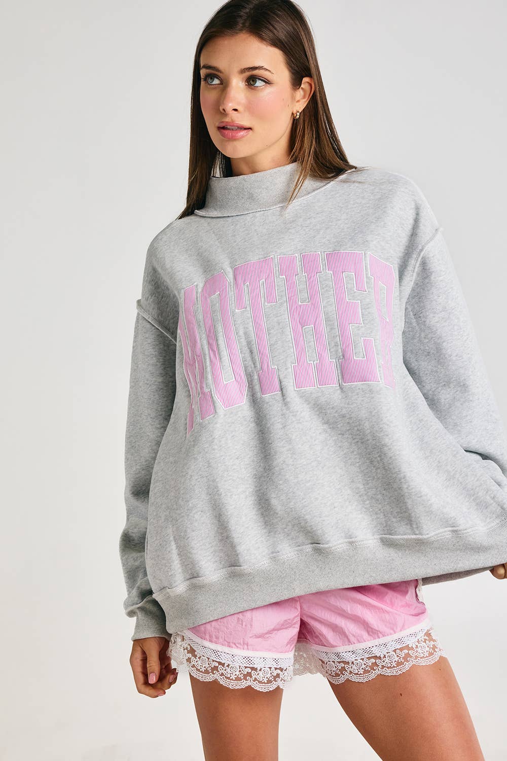 Embroidered "MOTHER" Mock Neck Sweatshirt