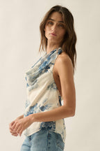Floral Chiffon Cowl-Neck Open-Back Halter Blouse
