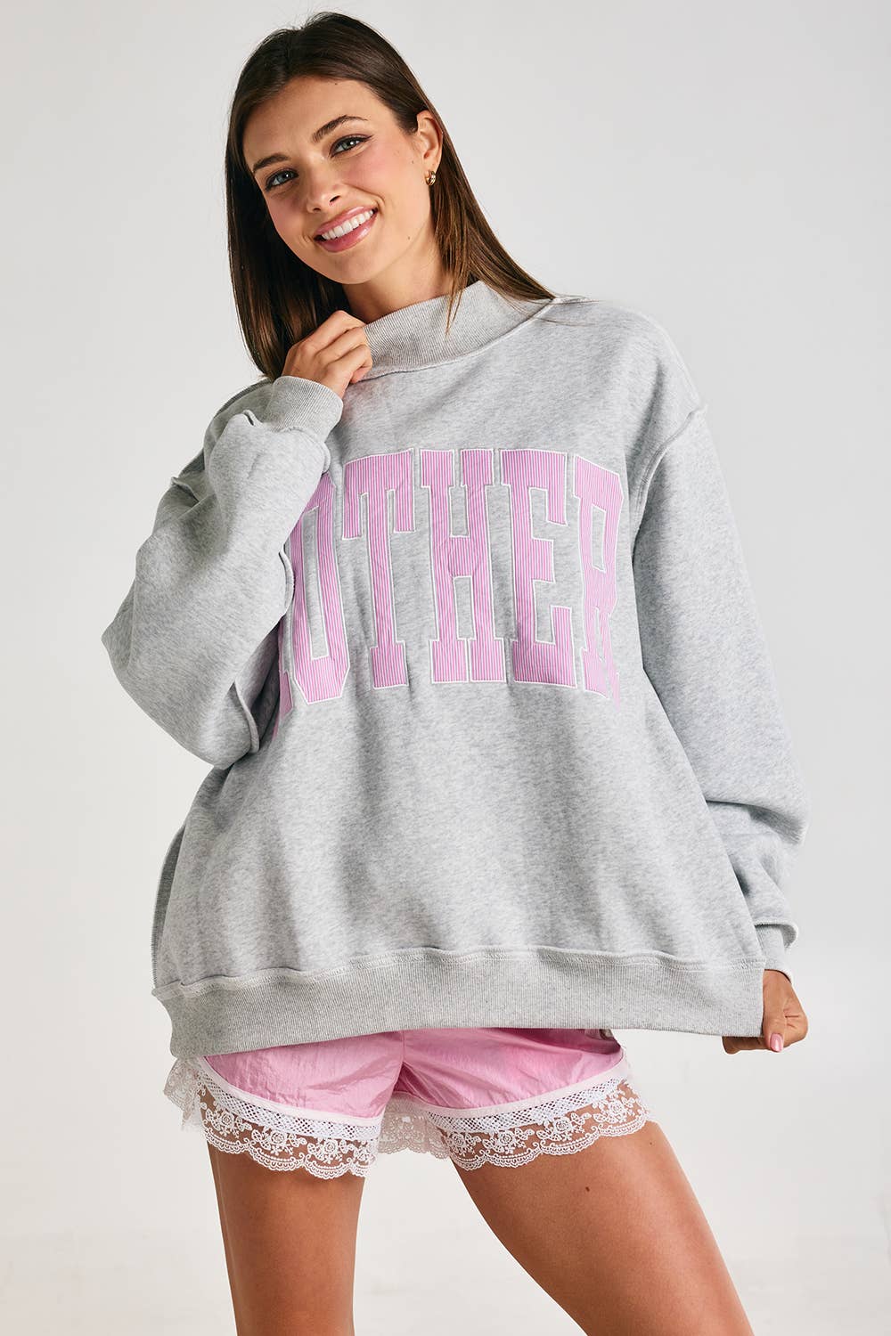 Embroidered "MOTHER" Mock Neck Sweatshirt