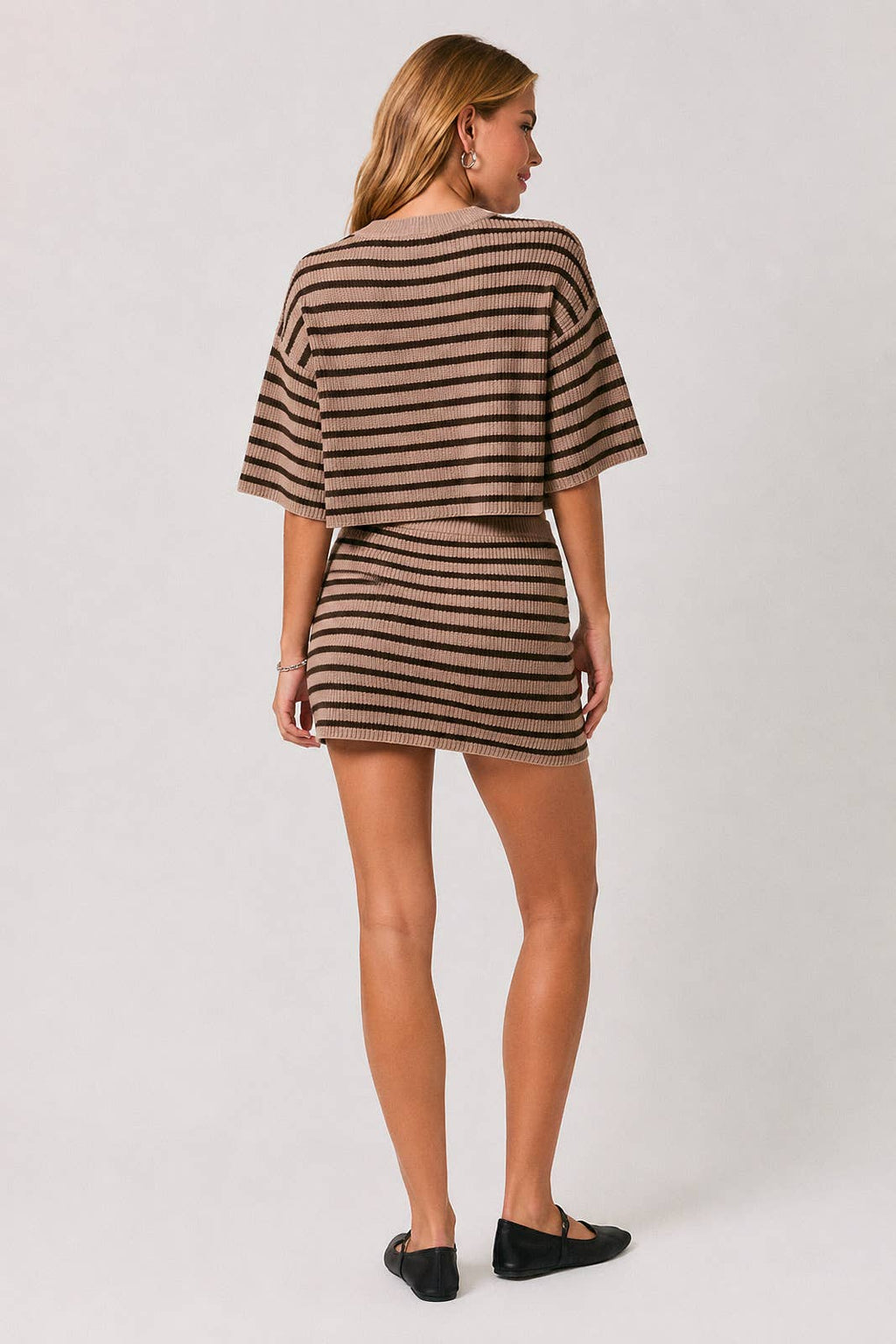SHOULDER CREW NECK STRIPE SWEATER TOP & STRIPE SWEATER SKORT