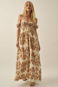 Ornate Floral-Print Smocked Off-Shoulder Maxi Dress