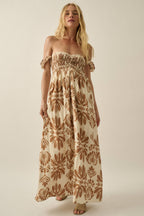 Ornate Floral-Print Smocked Off-Shoulder Maxi Dress