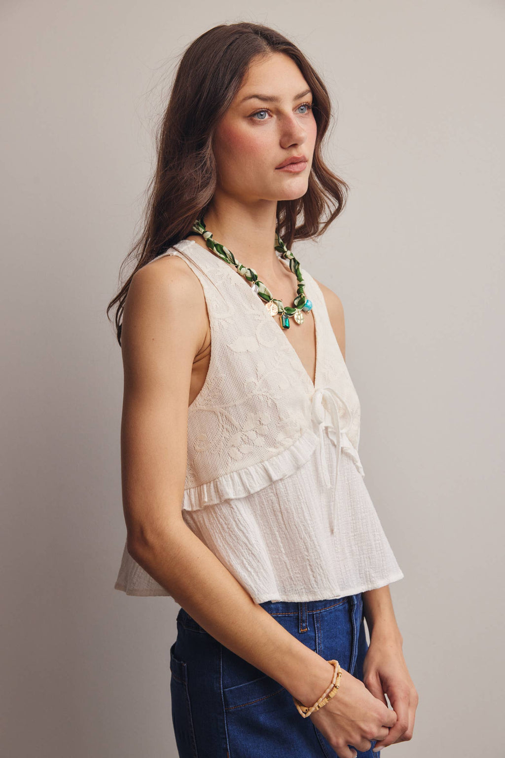 Lace Yoke Tie-Front Sleeveless Top