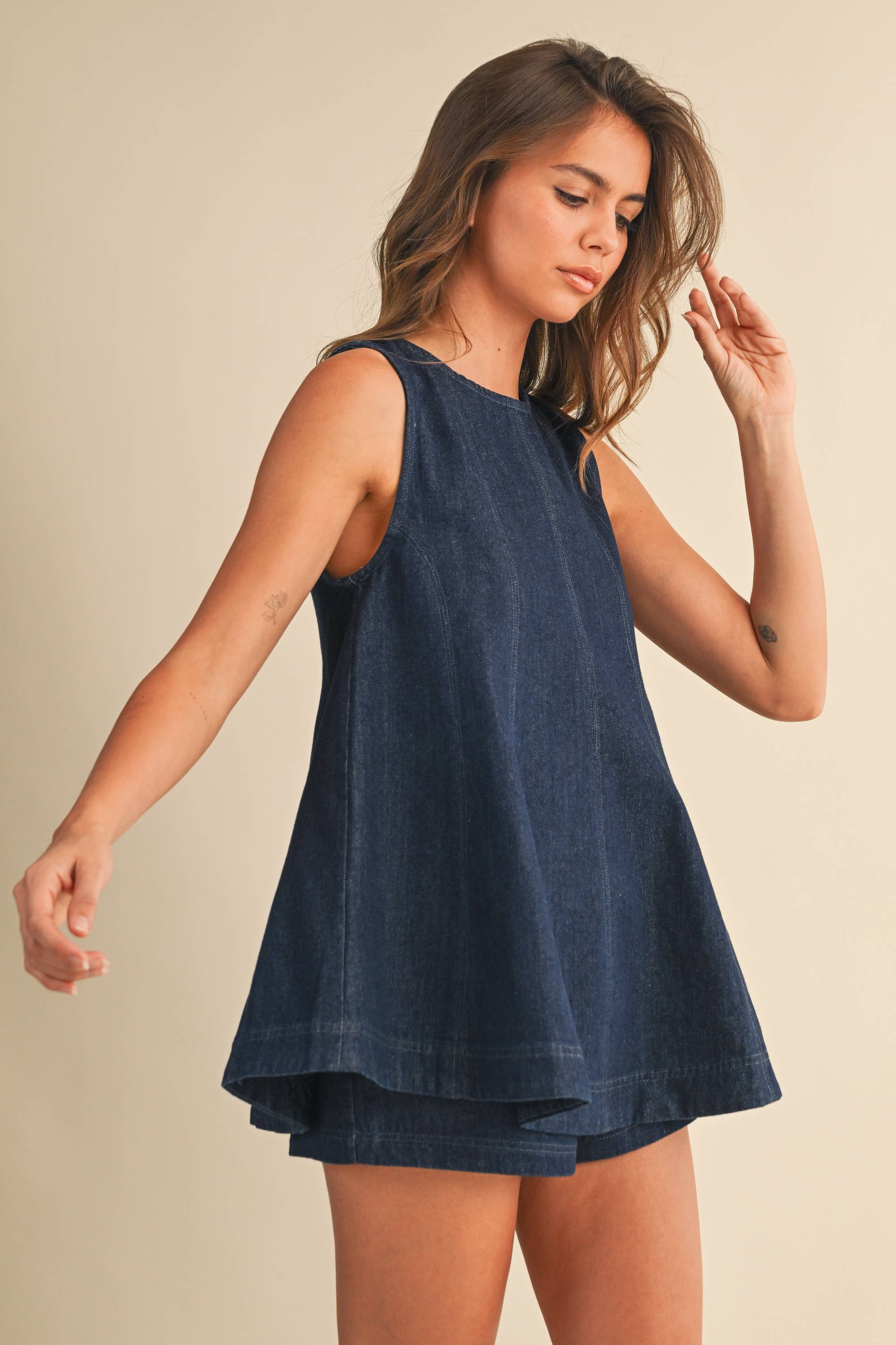 DENIM LONGLINE SLEEVELESS TOP AND SHORTS SET