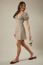 PUFF SLEEVE ZIP FRONT STRIPED DENIM MINI DRESS