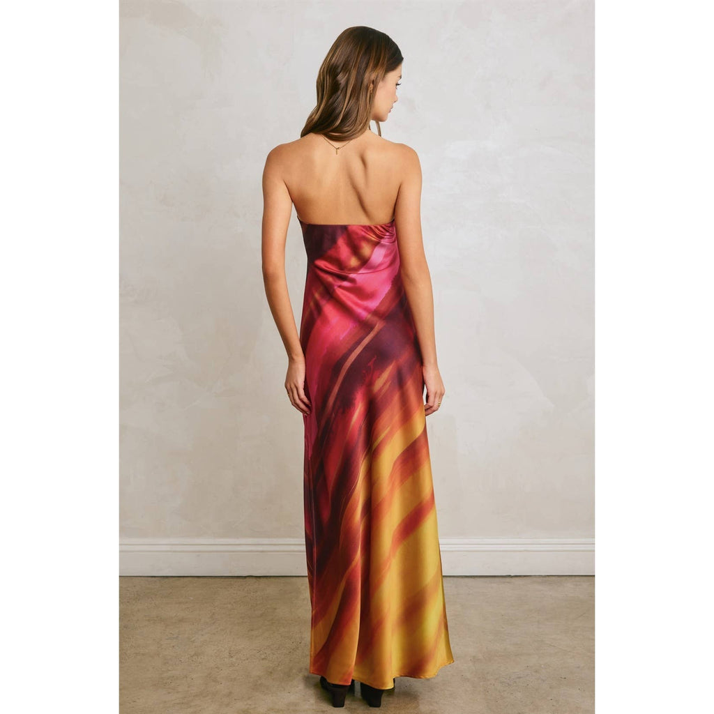 Watercolor Stripe Satin Strapless Bias Cut Maxi Dress