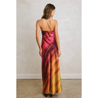Watercolor Stripe Satin Strapless Bias Cut Maxi Dress