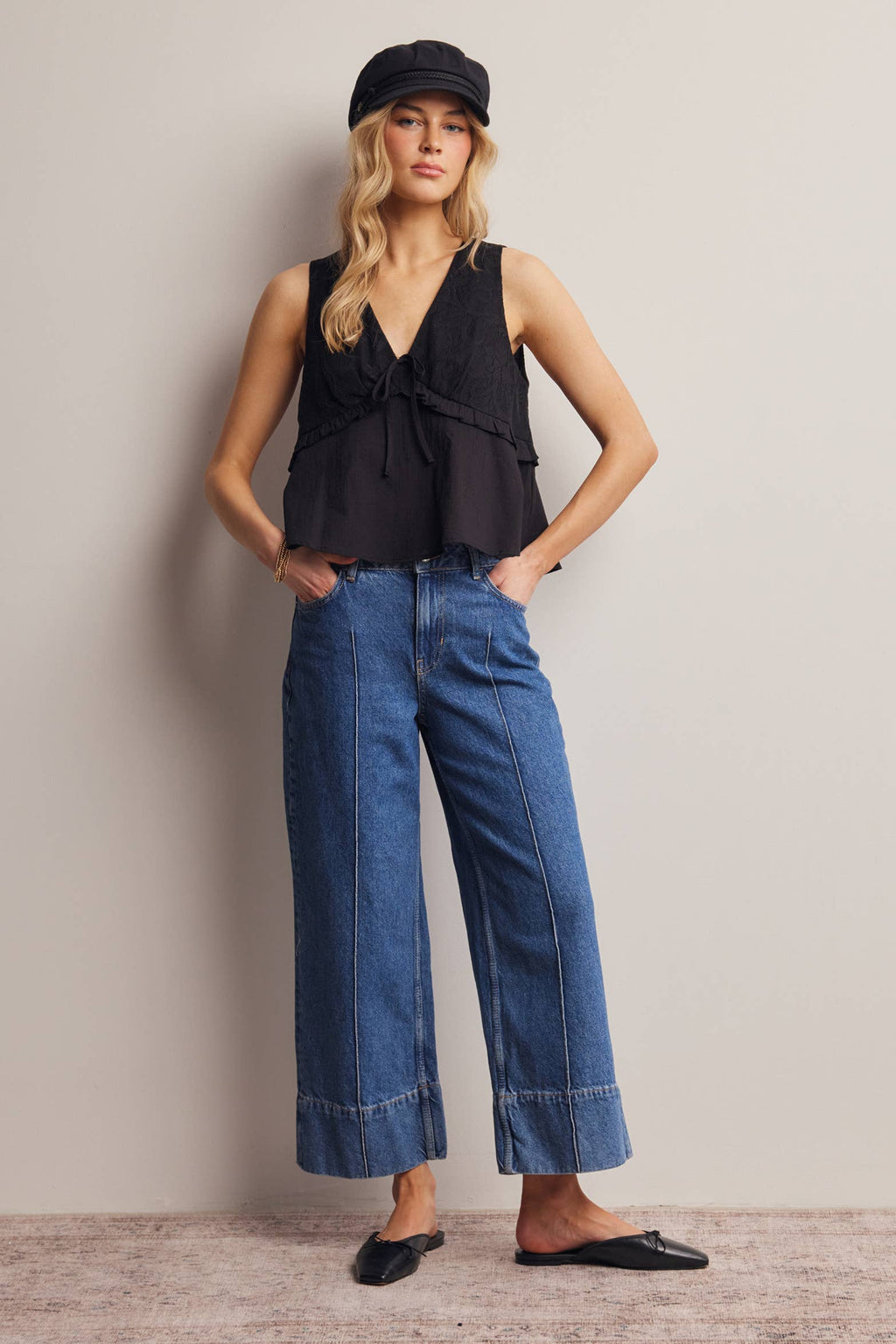 Lace Yoke Tie-Front Sleeveless Top