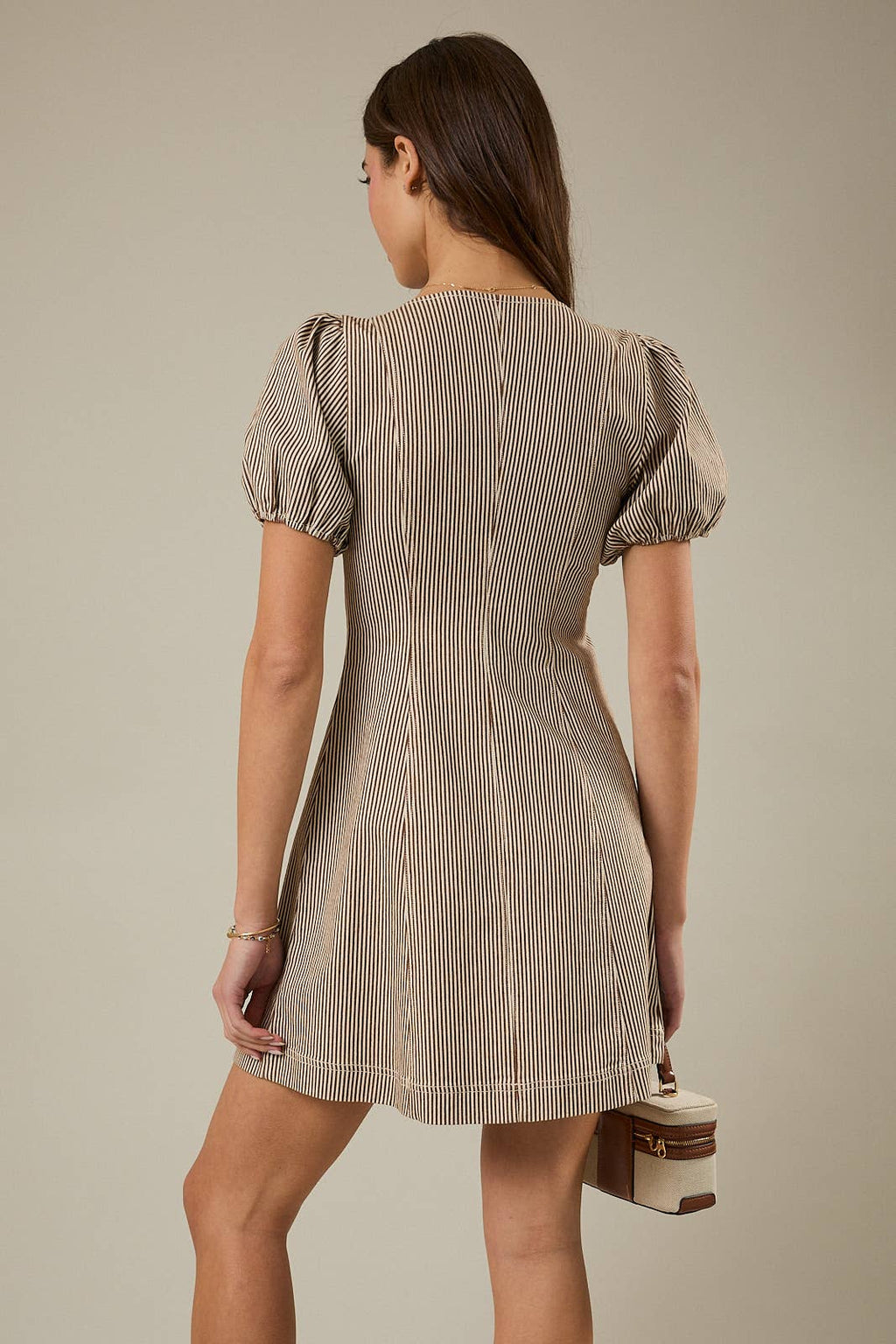 PUFF SLEEVE ZIP FRONT STRIPED DENIM MINI DRESS