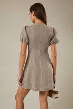 PUFF SLEEVE ZIP FRONT STRIPED DENIM MINI DRESS