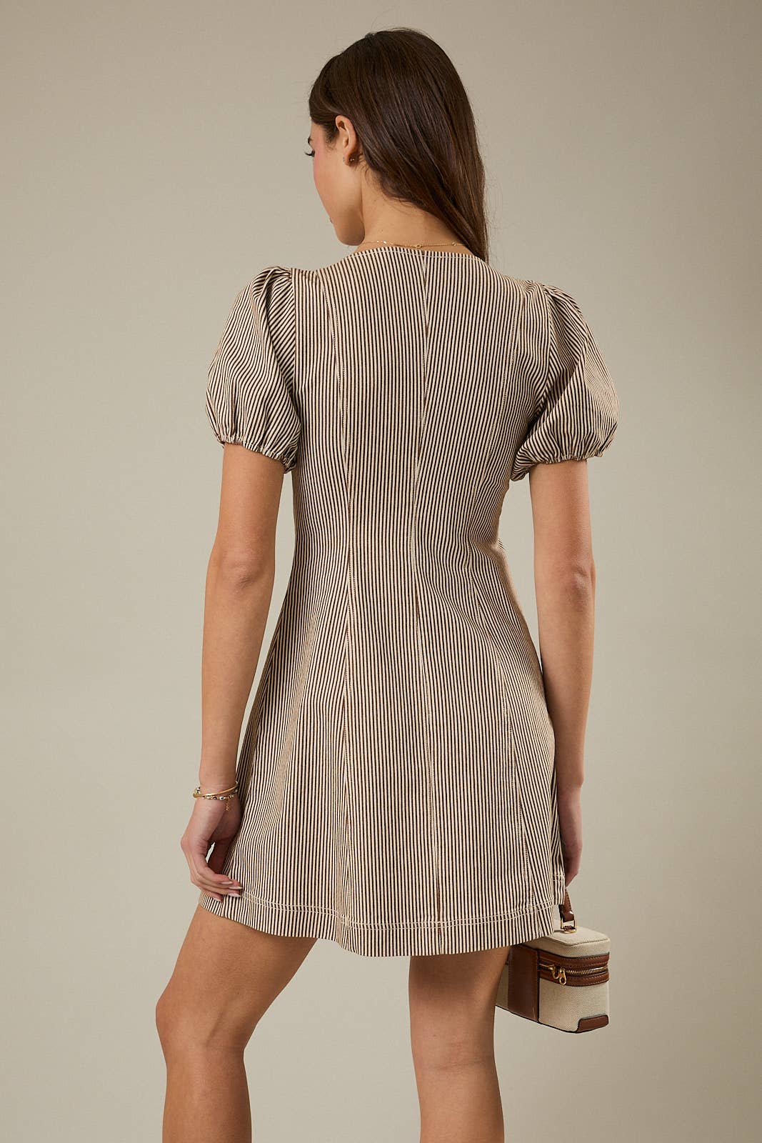 PUFF SLEEVE ZIP FRONT STRIPED DENIM MINI DRESS