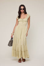 SOLID COLOR CAP SLEEVE FIT&FLARE MAXI DRESS